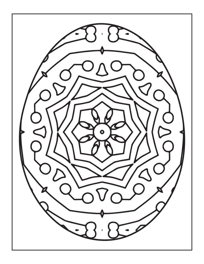 Mandala egg outline with symmetrical geometric patterns and radiating lines on a solid black background.