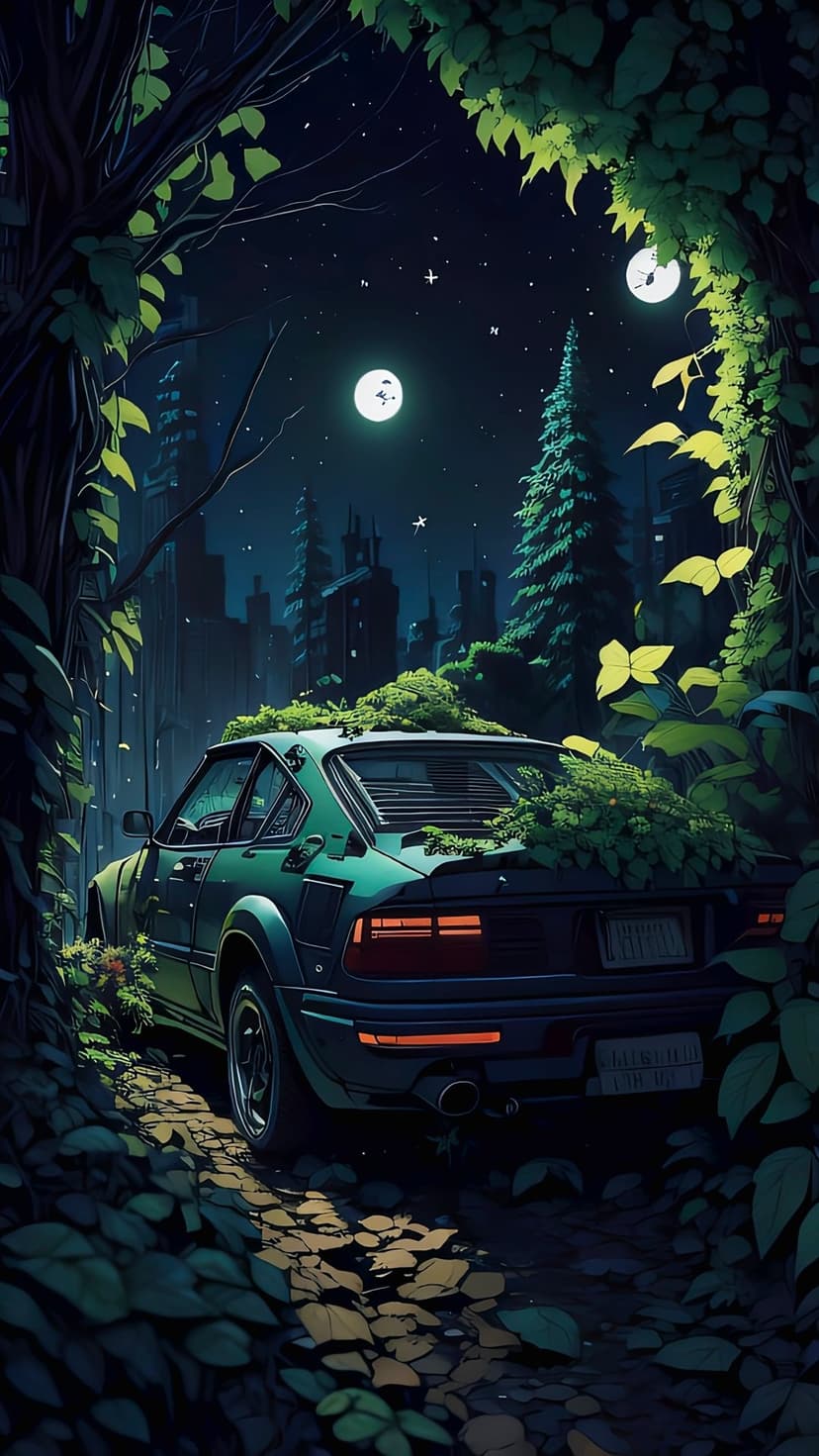 Retro green car engulfed by vines sits on a path beneath a starry night sky with two large glowing moons.