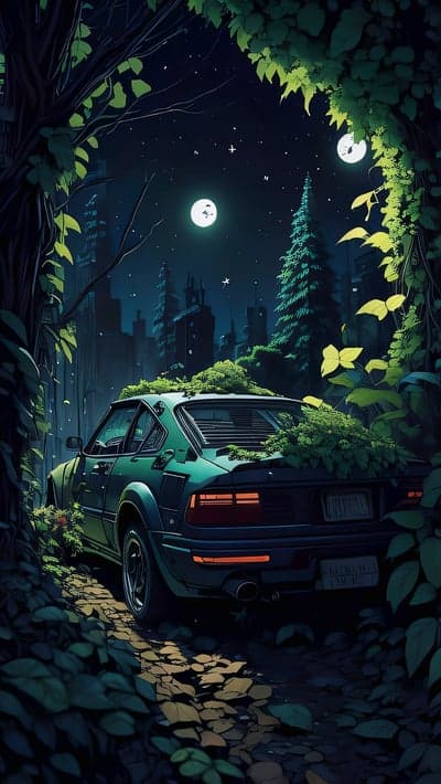 Abandoned car overgrown with nature under a starry night sky
