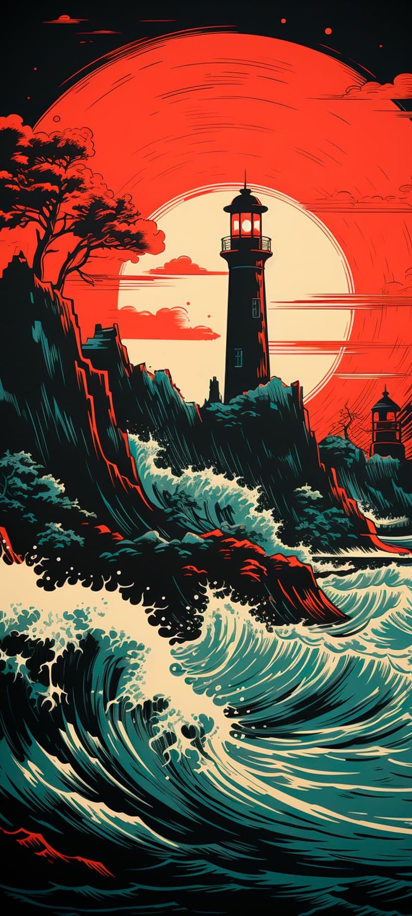Silhouette of a lighthouse against a red sunset with teal waves crashing on rocky cliffs and sparse pine trees.