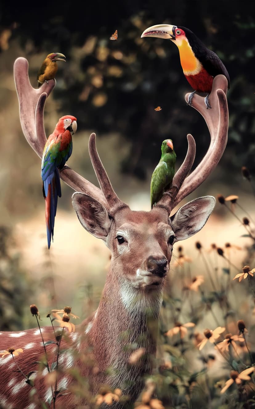 Spotted deer with colorful parrots and a toucan perched on its antlers in a soft focus wildflower meadow.