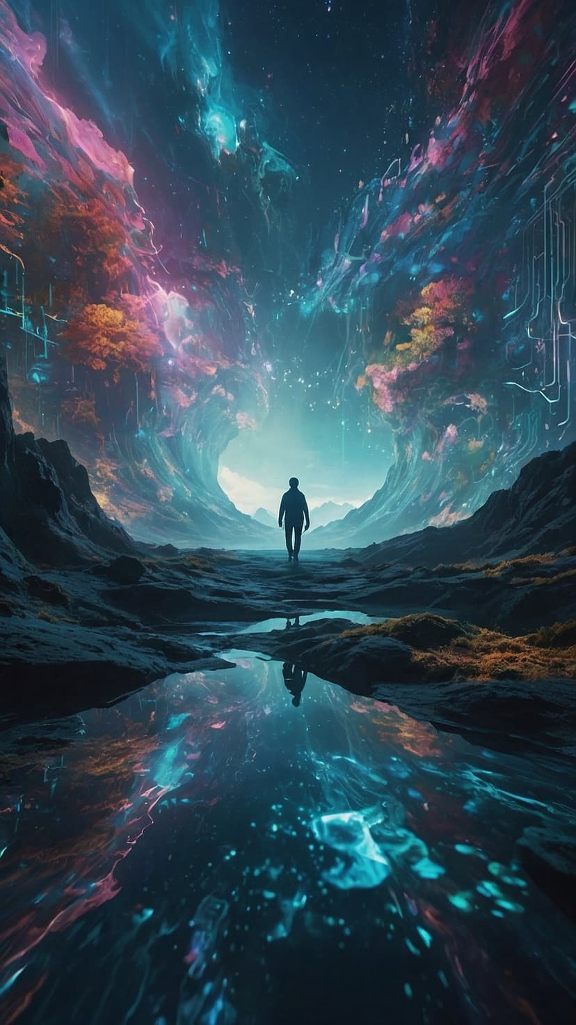 Lone silhouette walks toward a swirling blue and orange nebula reflected in a still pool of water at night.