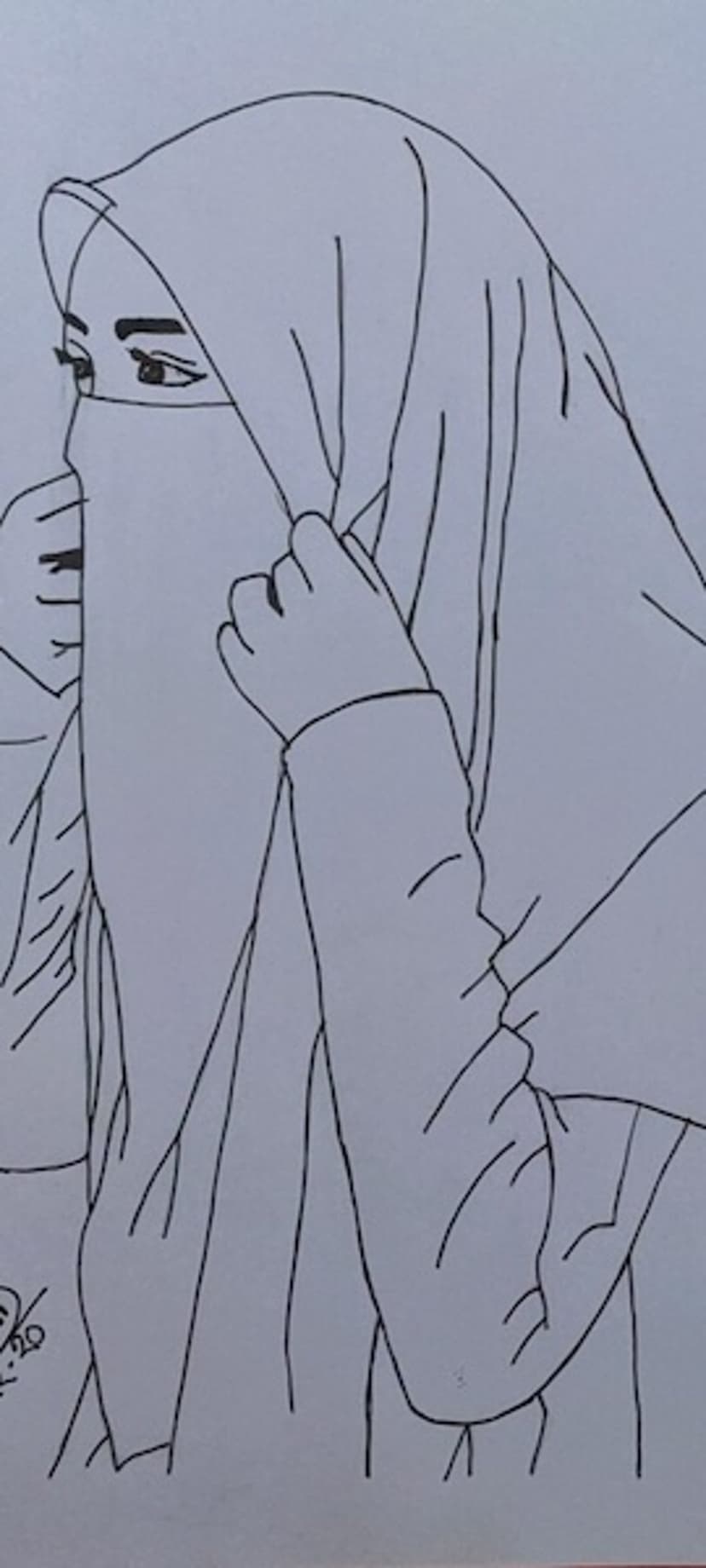 Woman in a niqab and hijab adjusts the fabric around her face, depicted with thin black outlines on white.