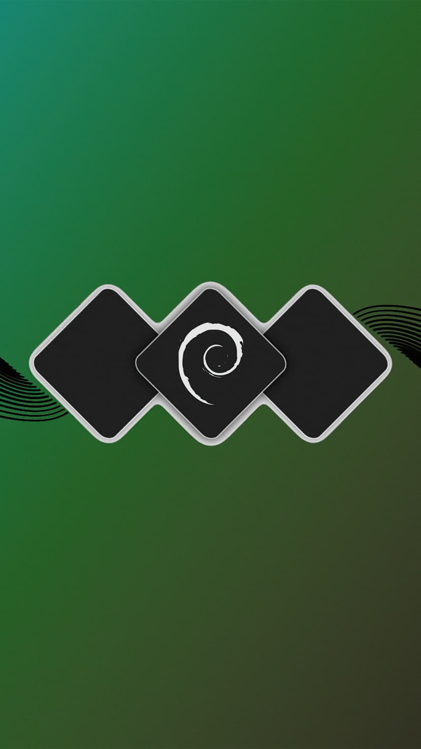 Debian swirl logo on stacked rounded squares over a vibrant green and black gradient with abstract wavy lines.
