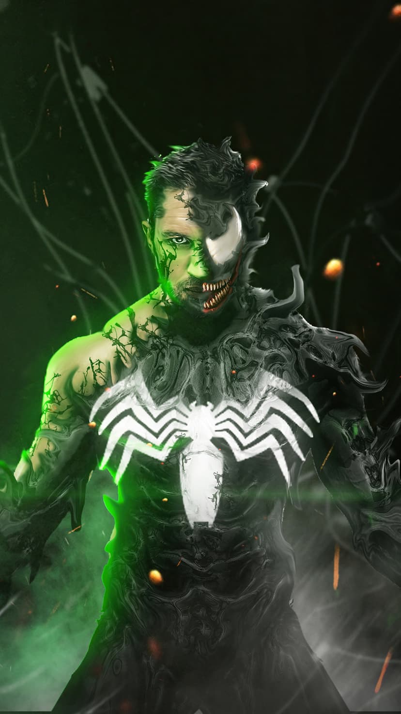 Eddie Brock's face merges with the fanged Venom symbiote against a dark background with glowing green tendrils.