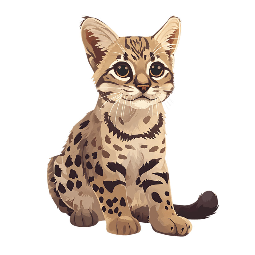 Ocelot kitten illustration with detailed spots and large eyes sitting in a front-facing stylized pose.