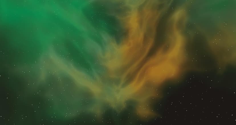 Emerald and golden nebula swirls flow across a dark star-dusted void in this vertical space background.
