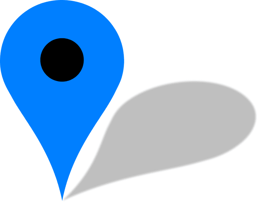 Blue location pin icon featuring a teardrop shape with a black circular center on a transparent background.