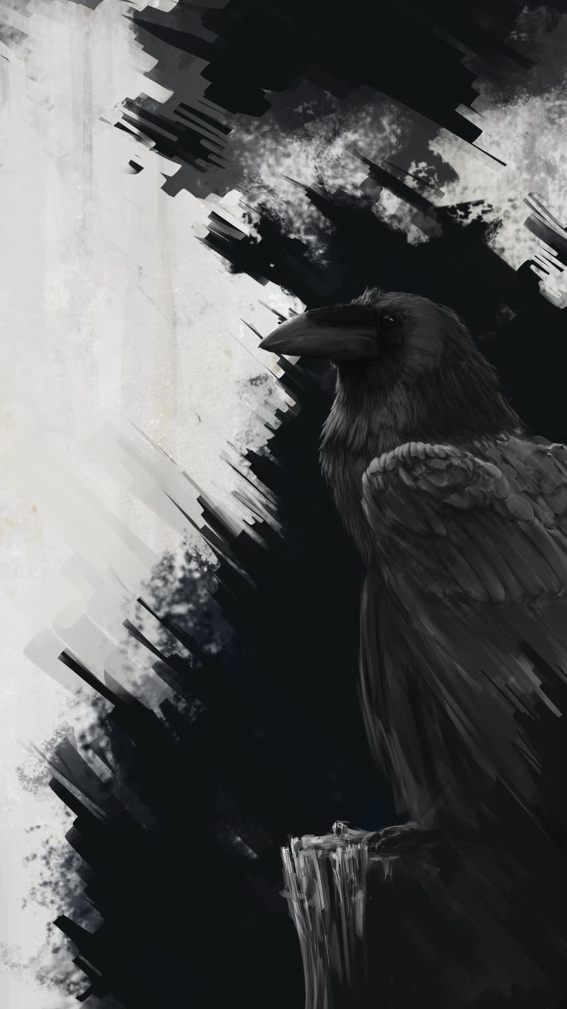 Raven perched on a rough wooden branch with black and white feathers and sharp beak against an abstract background.