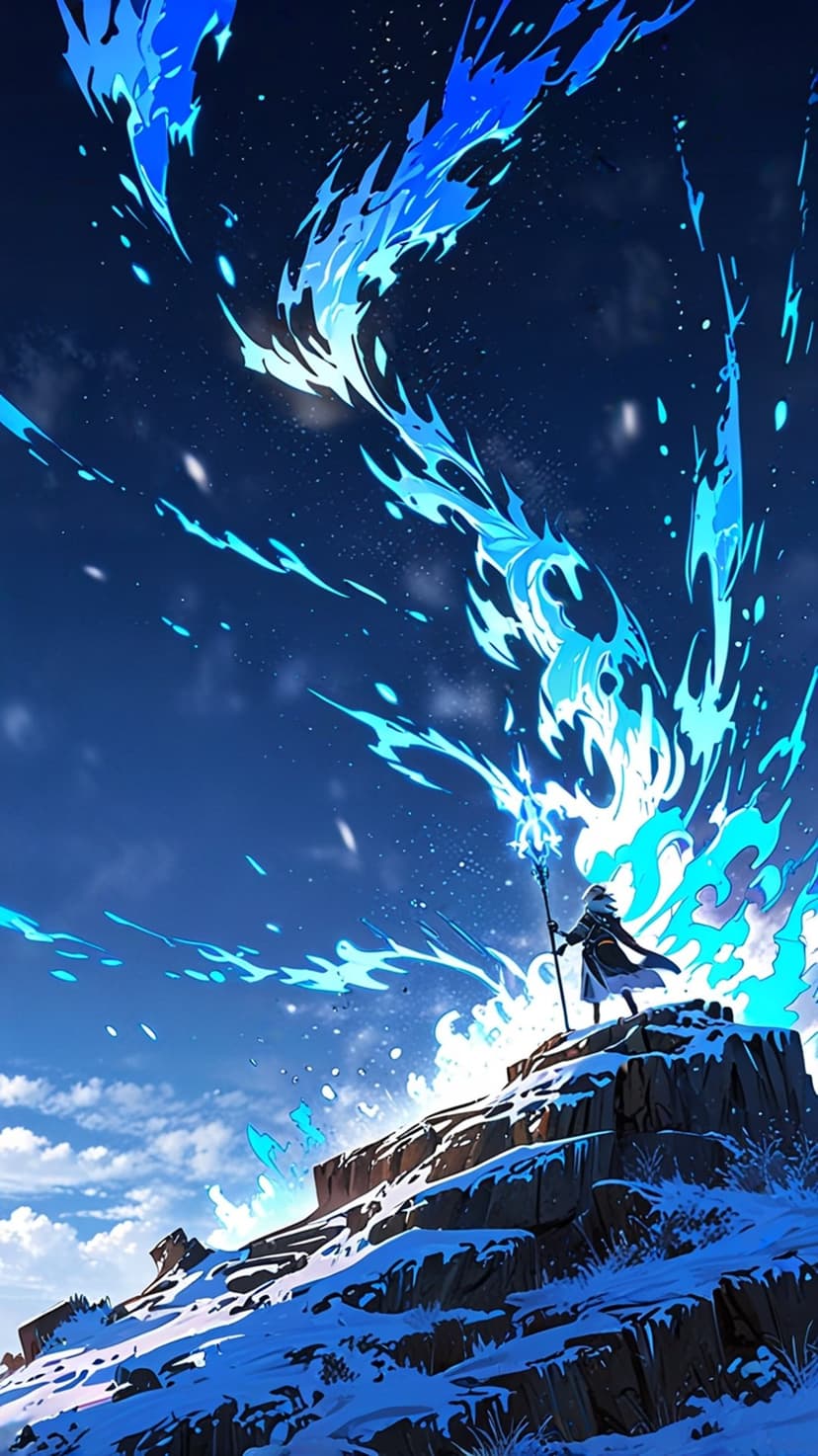 Hooded wizard holding a glowing staff that emits blue light against a snowy peak and starry night sky.