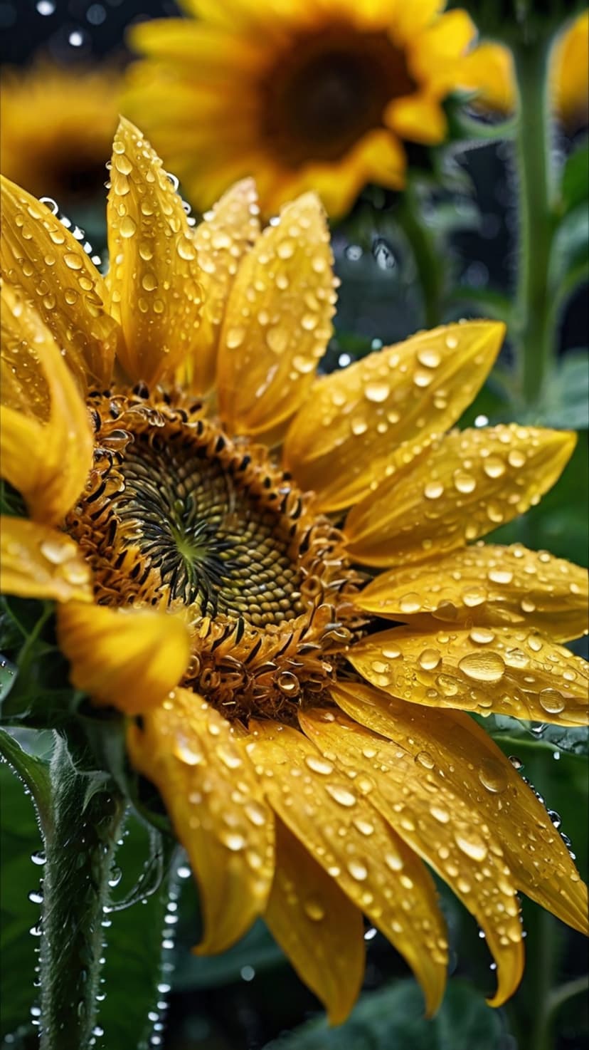 Yellow sunflower bloom covered in clear water droplets with a soft-focus garden background in natural light.