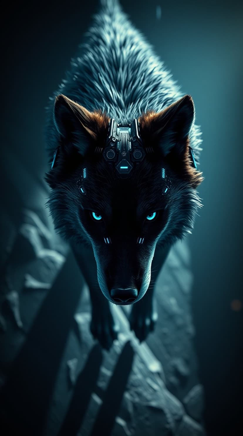 Robotic wolf with glowing blue eyes and metal head implants stands on dark rocks in dim atmospheric lighting.