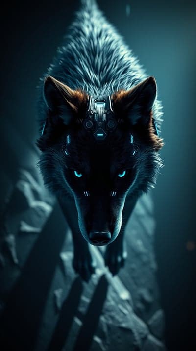 Cyber Wolf with Neon Blue Eyes Mobile Phone Wallpaper