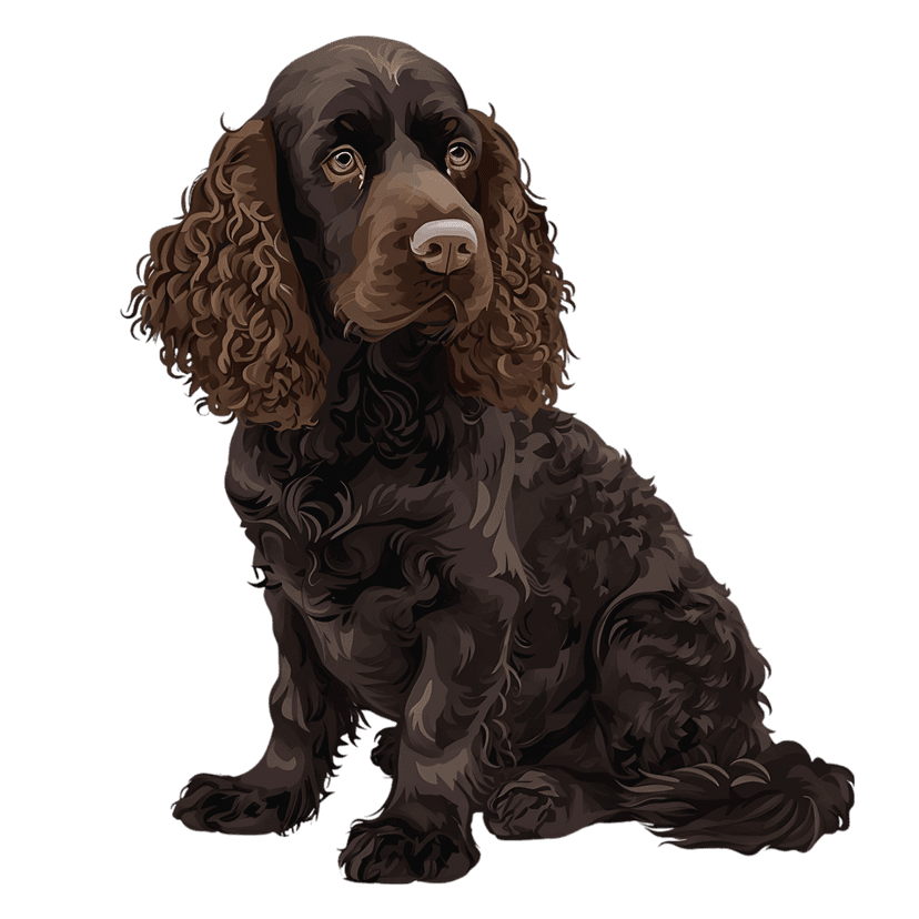 Brown Cocker Spaniel dog sitting against a black background with detailed curly fur and mahogany tones.