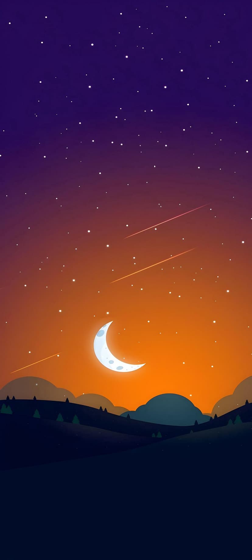 Crescent moon and shooting stars glow above silhouetted rolling hills against a purple and orange gradient sky.