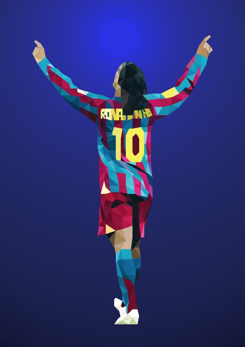 Ronaldinho wearing a number ten Barcelona jersey raises his arms under a bright moon in a mosaic polygon style.
