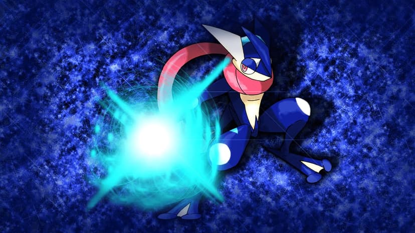 Greninja Pokemon charging a glowing cyan energy ball against a dark blue textured cosmic background.
