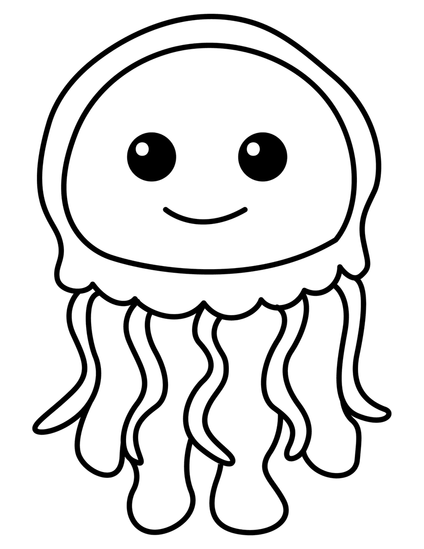Jellyfish line art coloring page featuring a smiling sea creature with a round bell and wavy black tentacles.
