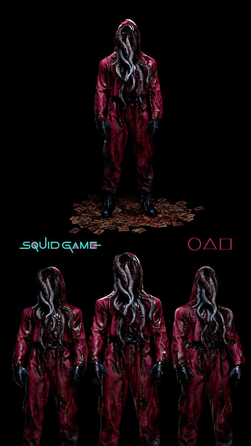 Squid Game guards in red jumpsuits with black tentacles emerging from masks beside a geometric circle logo.