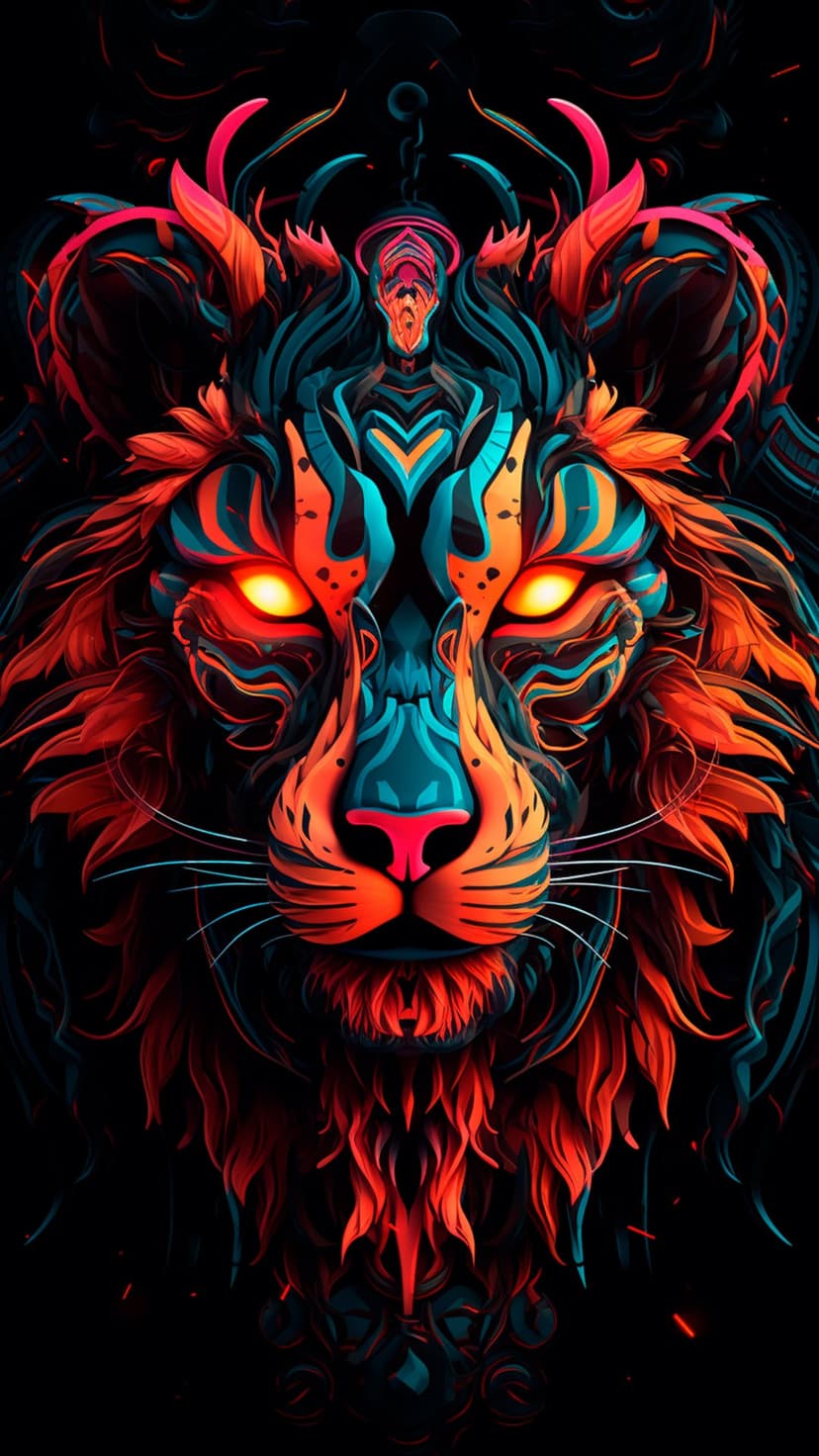 Lion head with radiant orange eyes and sharp electric blue light strokes against a solid black background.