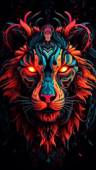 Fiery Abstract Lion Head with Neon Glow