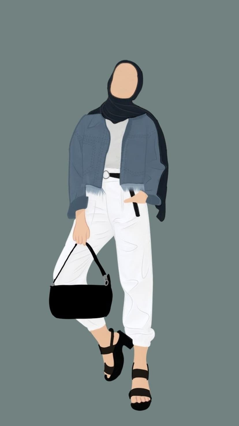 Woman wearing a black hijab, denim jacket, and white pants carries a shoulder bag against a plain background.