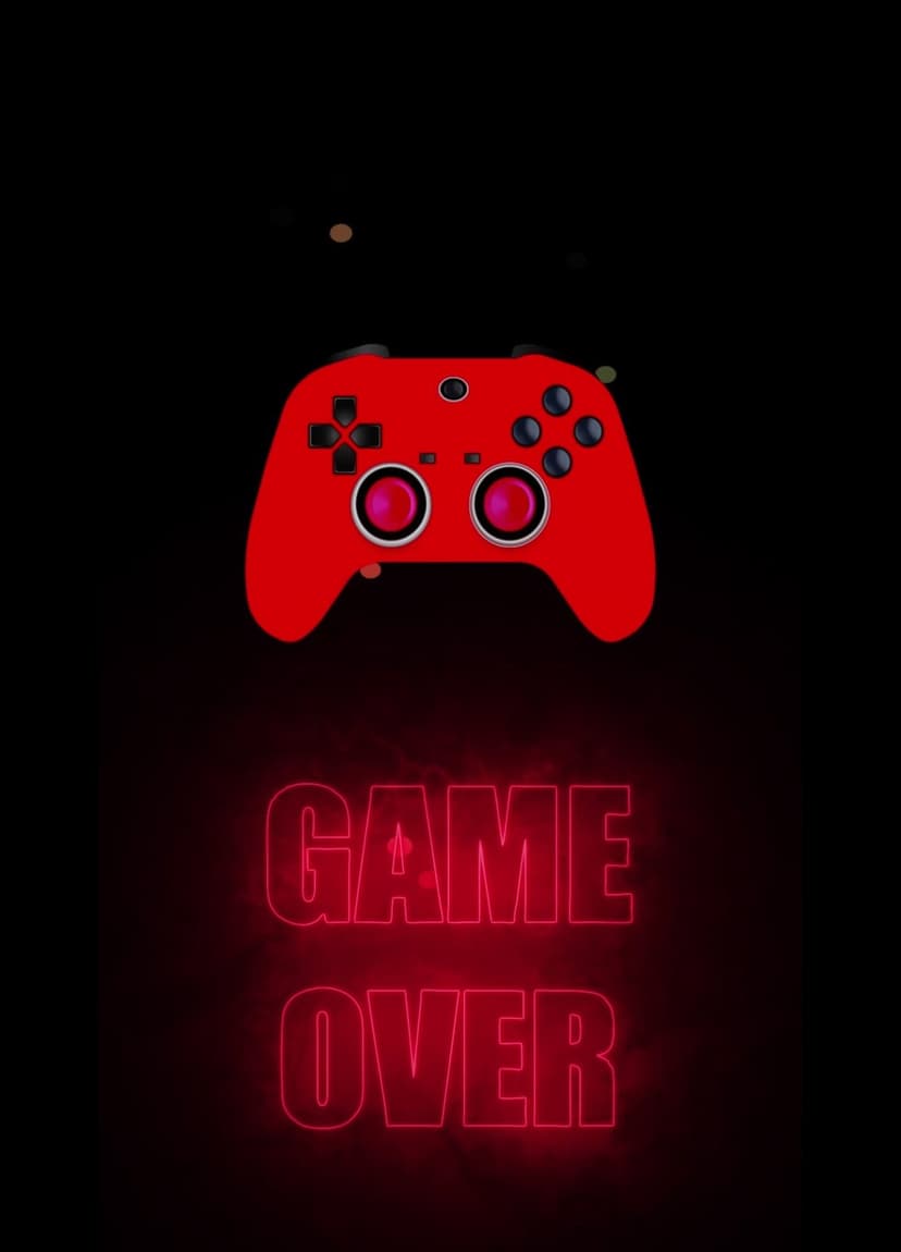 Red video game controller illuminated by glowing crimson neon letters spelling game over on a black background.