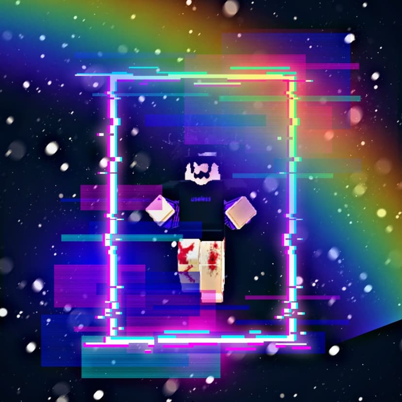 Roblox avatar with glitch effects inside a neon square against a starry purple galaxy and rainbow lens flare.