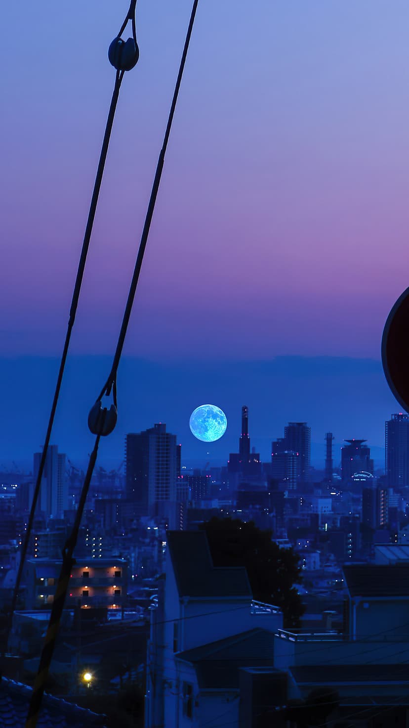 Vibrant blue moon shining above a silhouetted city skyline under a deep purple and indigo twilight sky.