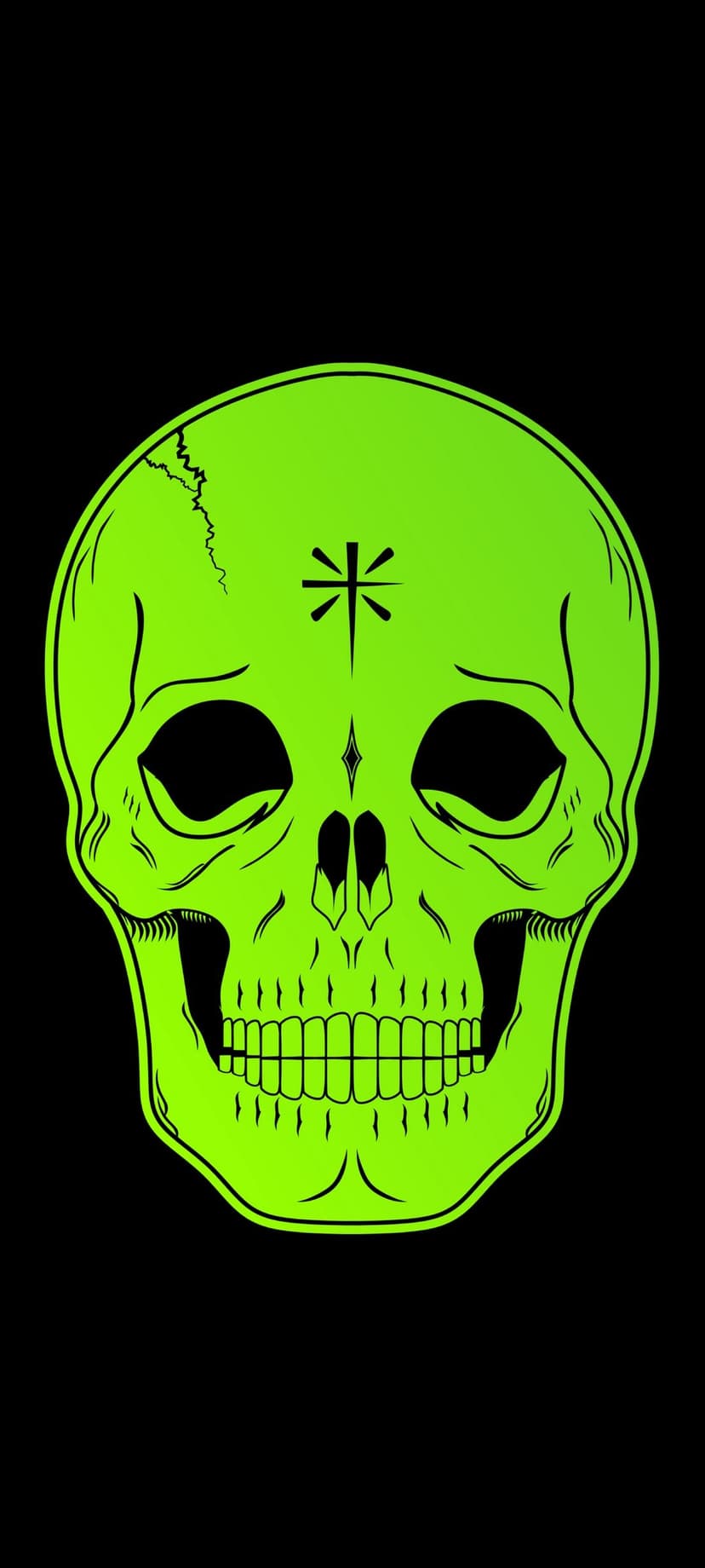 Green skull with a forehead asterisk symbol and detailed cranium features displayed against a deep black backdrop.