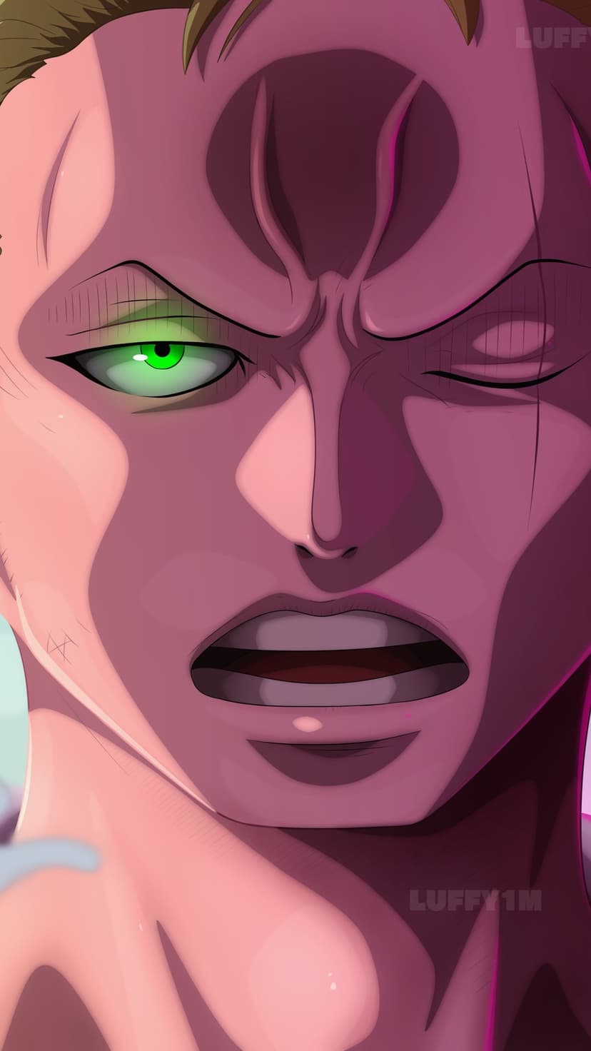 Roronoa Zoro with a glowing green right eye, facial scar, and purple lighting in a close-up vertical portrait.