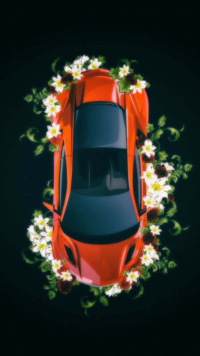 Red sports car covered in white lilies and red roses seen from above against a dark black shadowy background.