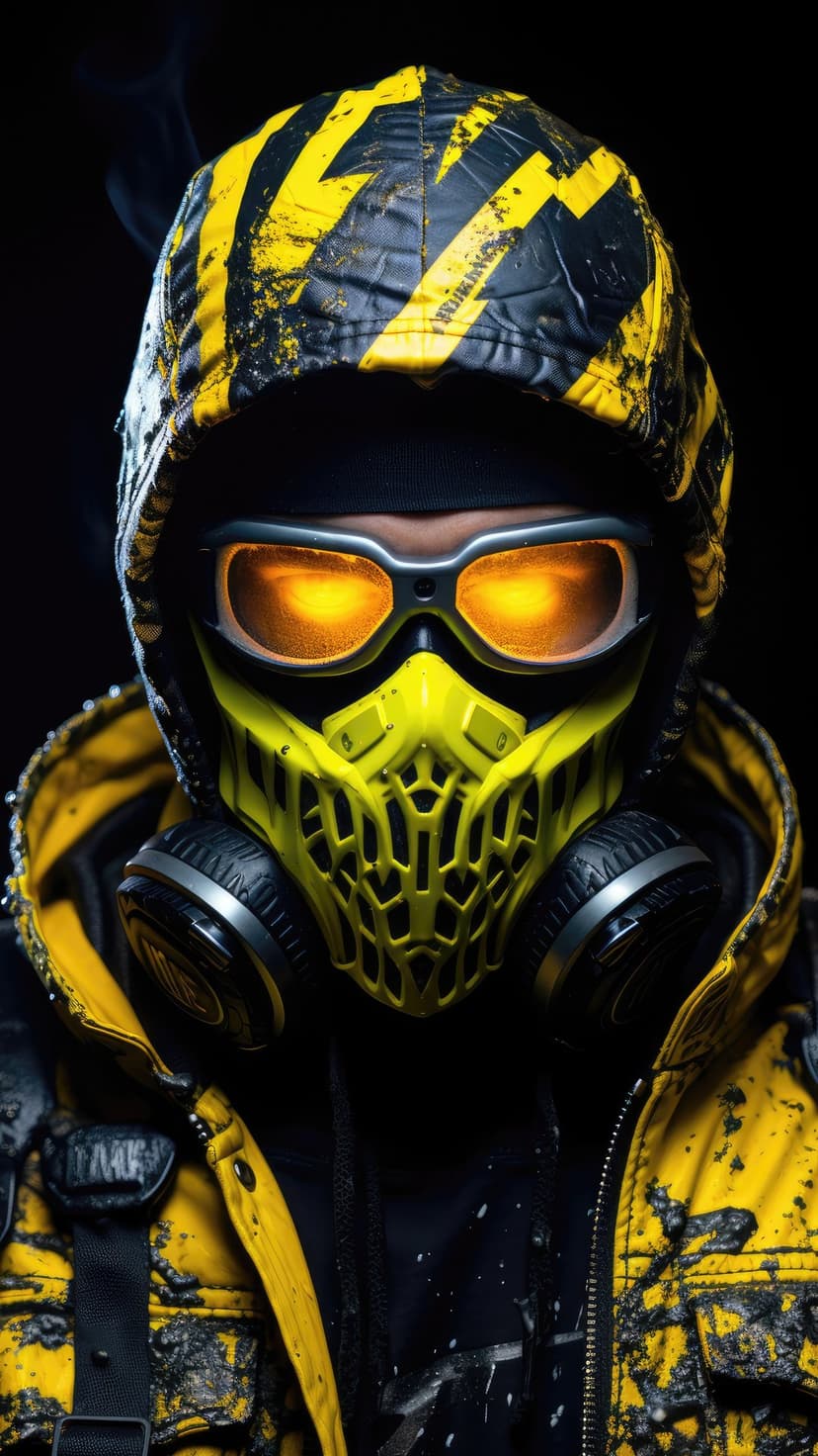 Masked warrior in yellow hazard-striped hood with a gas mask and glowing orange goggles against a dark backdrop.