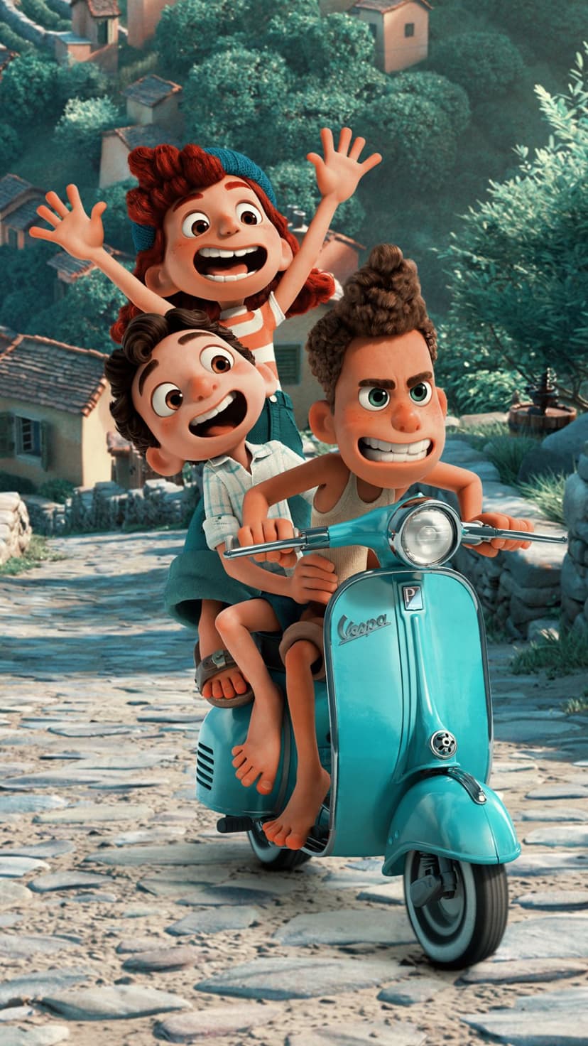 Luca, Alberto, and Giulia smile while riding a blue Vespa scooter past sunlit Italian coastal village houses.