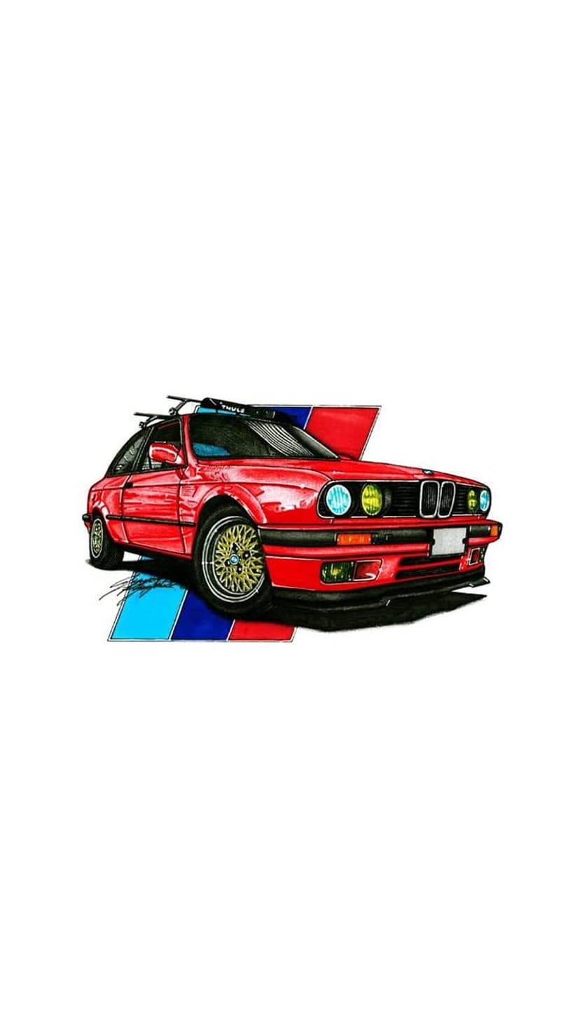 Red BMW E30 M3 coupe with a black roof rack and M-color stripes on the front grille against a clean backdrop.