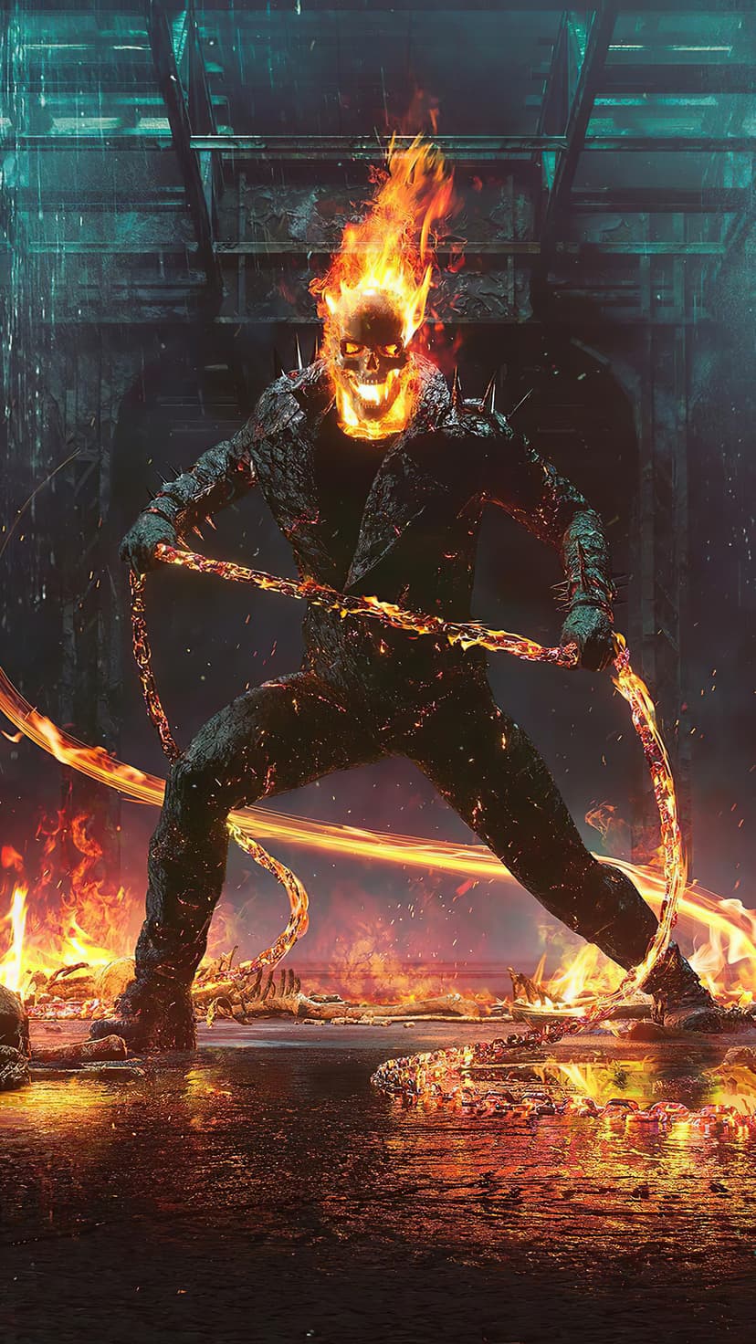 Ghost Rider with a flaming skull head holds a glowing fiery chain while standing on scorched, burning ground.