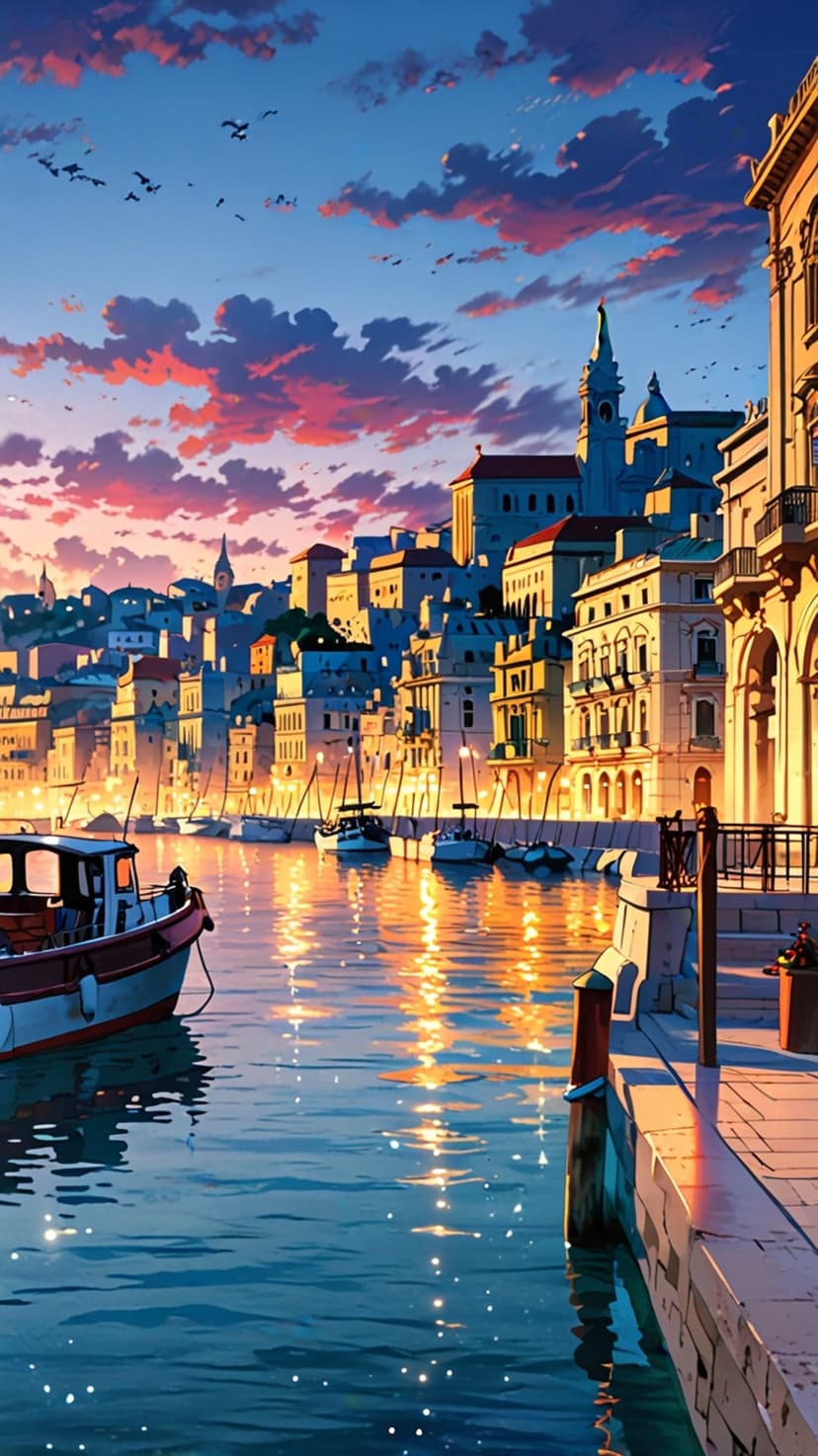 Colorful sailboats float on calm harbor water near a seaside town under a vibrant orange and purple sunset sky.