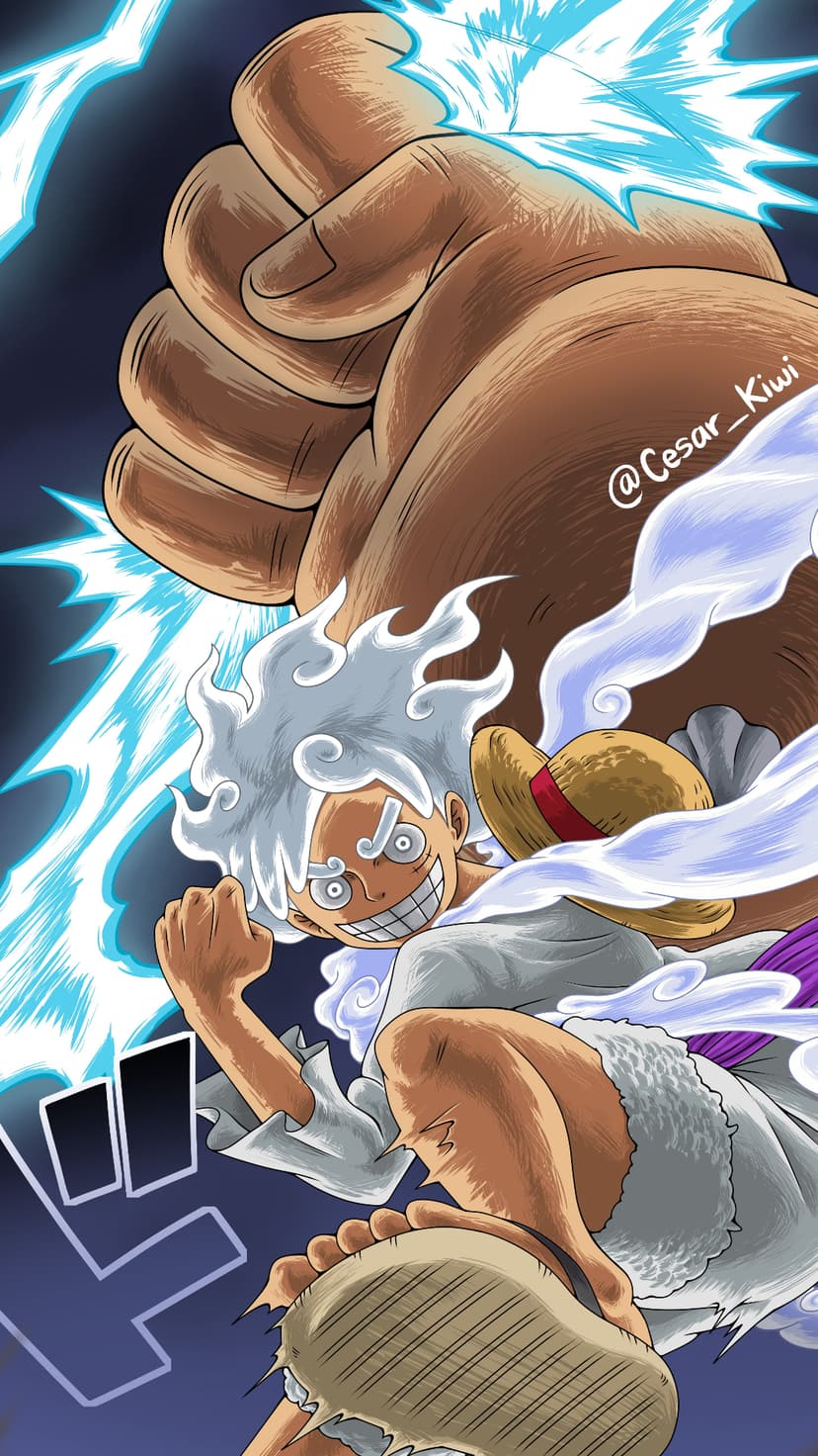 Monkey D. Luffy Gear 5 punches forward with blue electricity and white steam against a dark, shadowy background.
