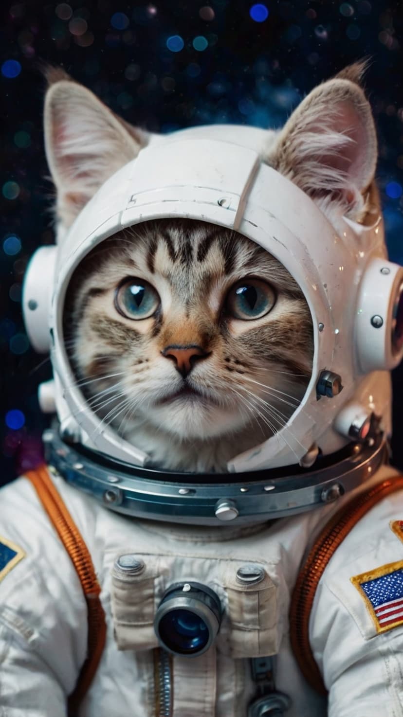 Tabby cat with blue eyes wearing a white astronaut suit and helmet against a dark starry sky with bokeh lights.