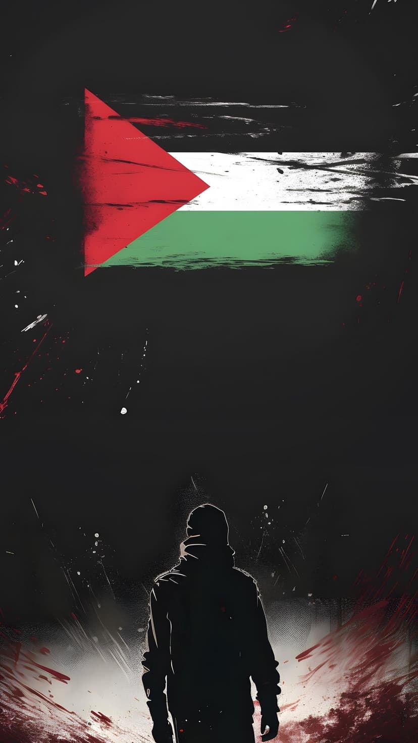 Silhouette of a person facing a distressed Palestinian flag with red paint splatters on a dark background.