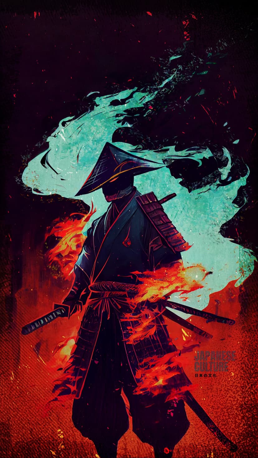 Samurai in traditional armor and conical hat grips a katana while surrounded by red fire and teal smoke clouds.