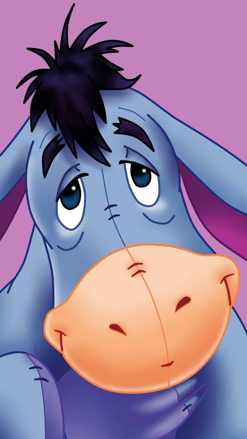 Eeyore with heavy eyelids, blue fur, and a stitched muzzle sits against a soft purple background for mobile.