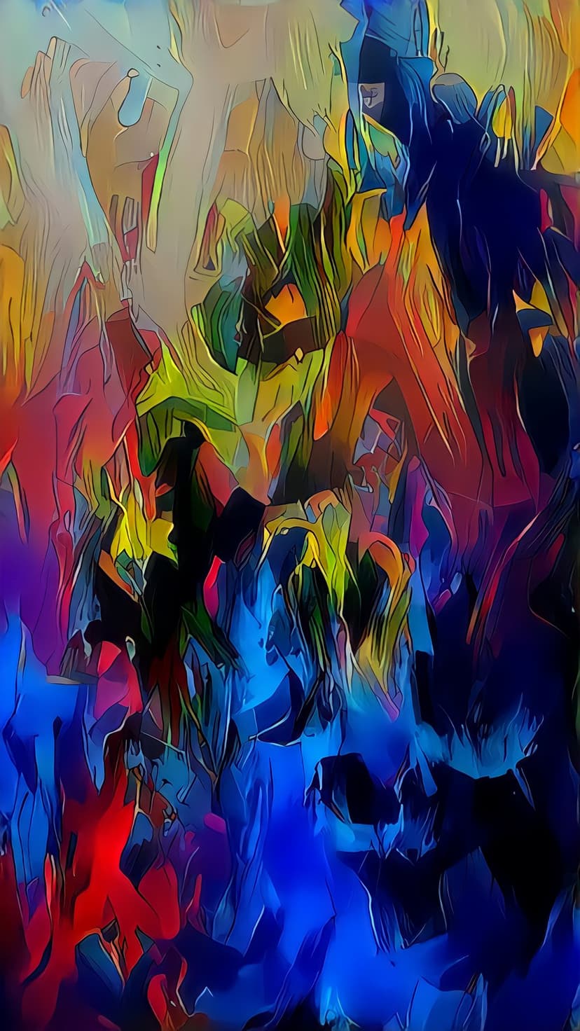 Swirling blue and red paint strokes blend with golden yellow highlights in a vertical, textured composition.