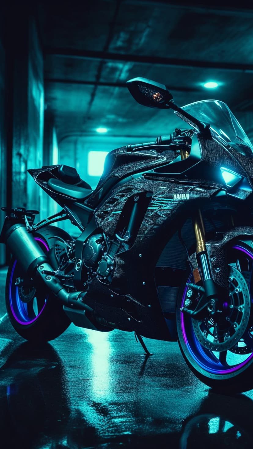 Matte black futuristic motorcycle on a wet asphalt street reflecting blue and purple neon lights at night.