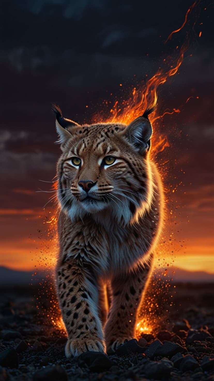 Spotted lynx with glowing paws walks across rocky ground amidst orange embers and a dark dramatic sunset sky.