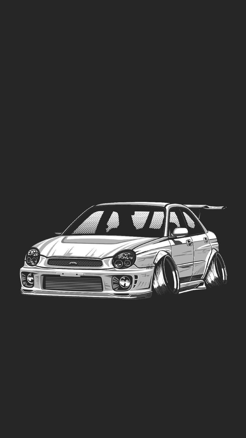 Subaru Impreza WRX STI with a widebody kit and large rear wing in a high-contrast black and white style.