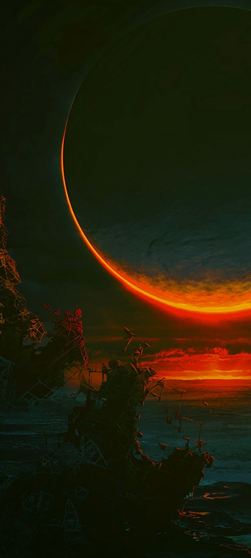 Colossal fiery solar eclipse glowing over jagged dark ruins and a hazy alien landscape in a vertical view.