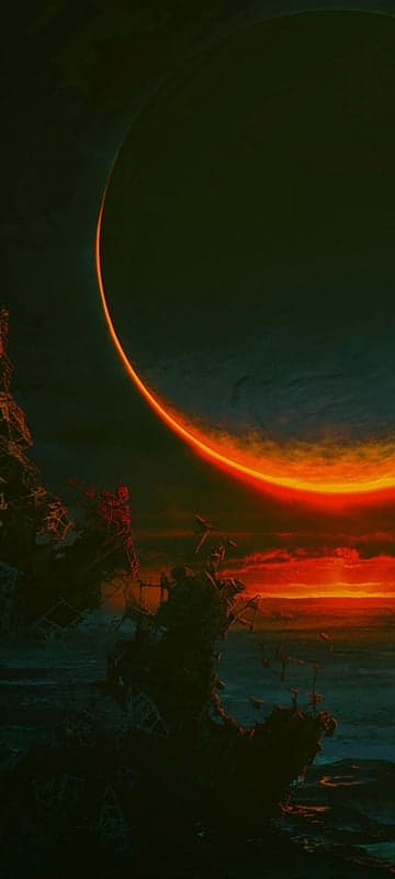 Ethereal Sci-Fi Landscape with Fiery Eclipse and Ruins