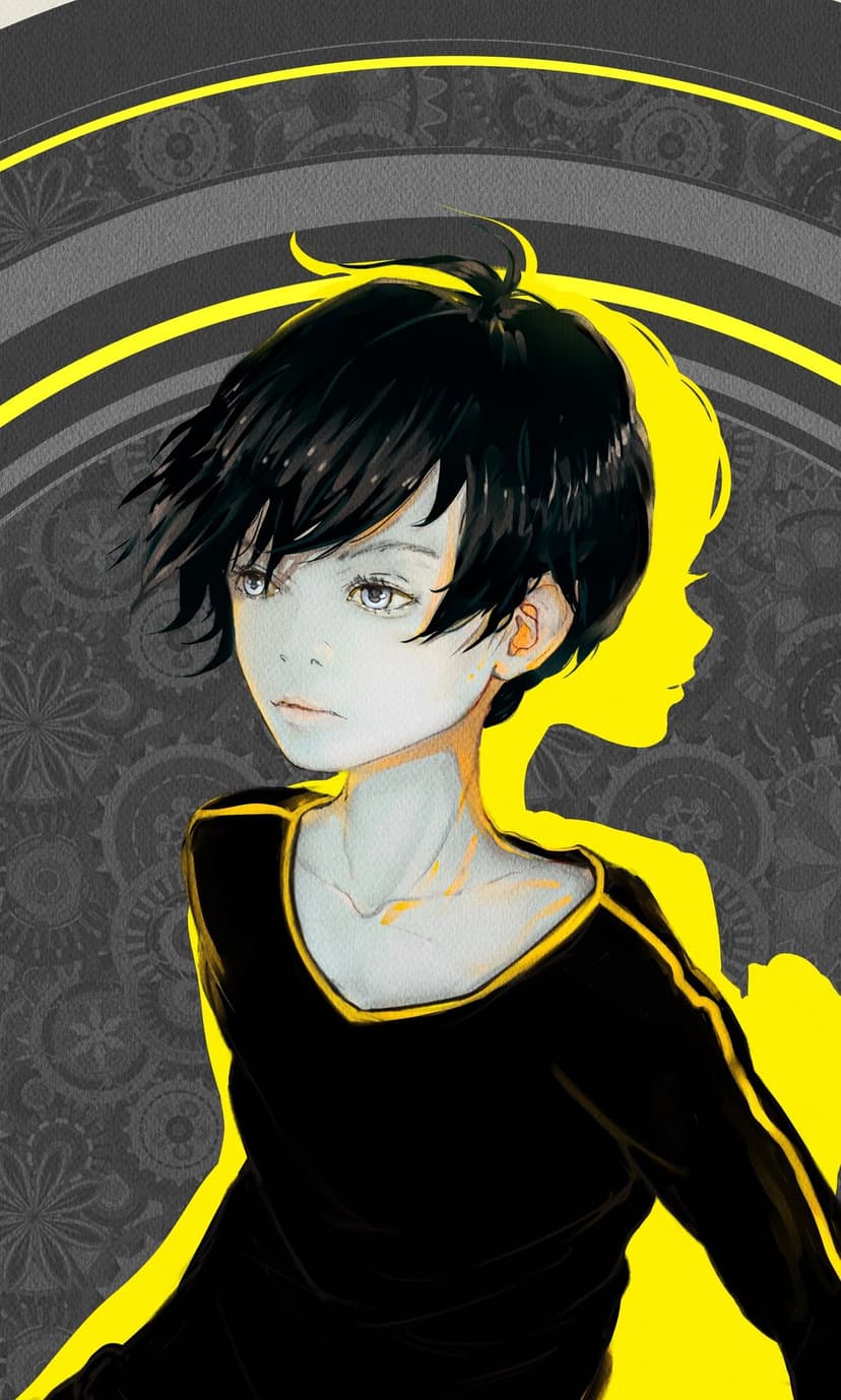 Short-haired person gazes left beside a yellow shadow and intricate gray circular patterns with floral gears.
