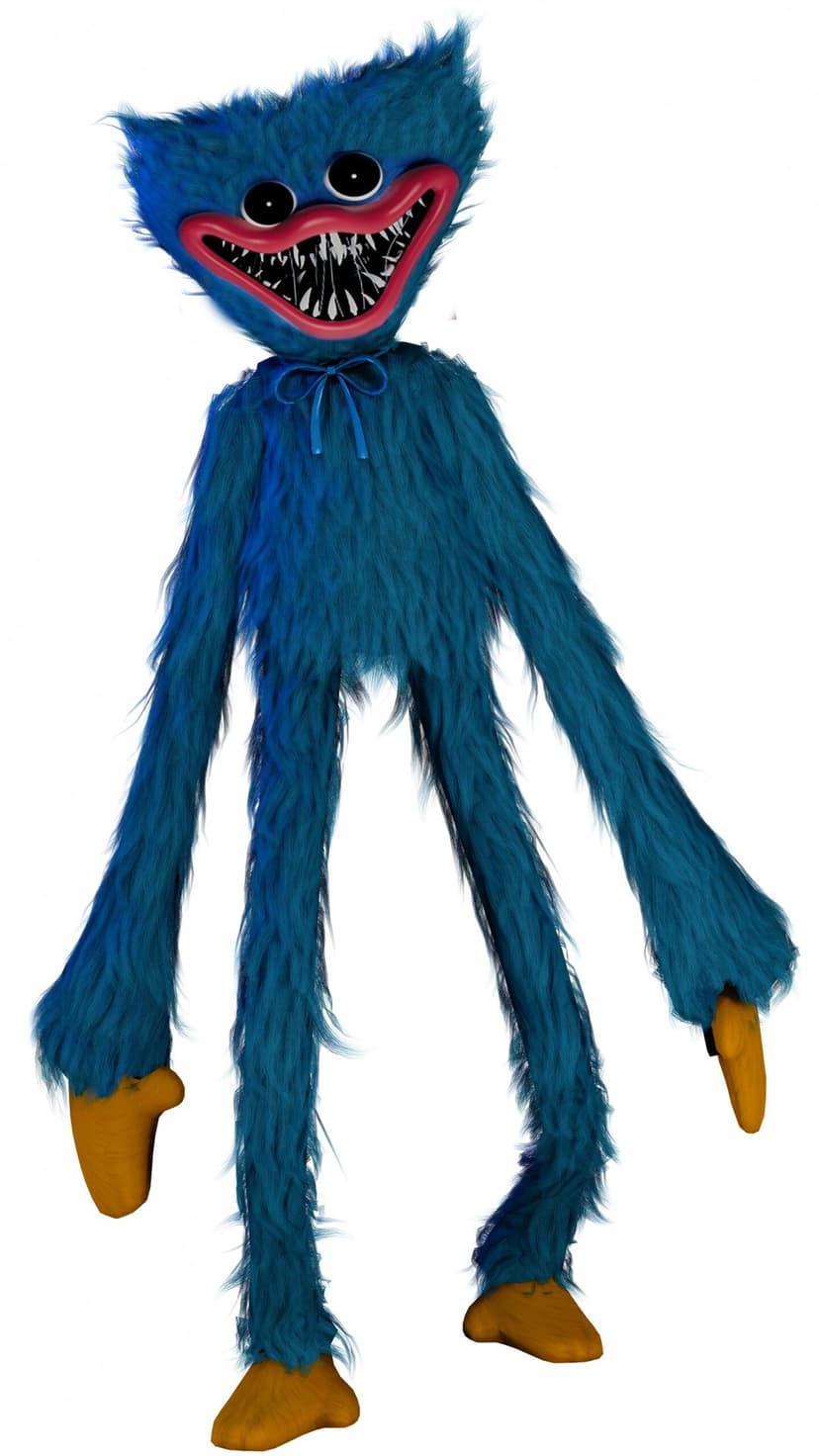 Tall blue furry monster with four long limbs and a wide toothy grin standing against a plain white background.